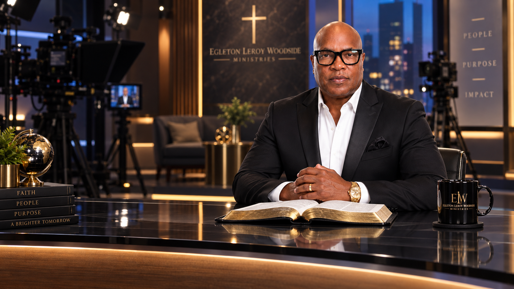Egleton Leroy Woodside presenting Kingdom Intelligence in the television studio